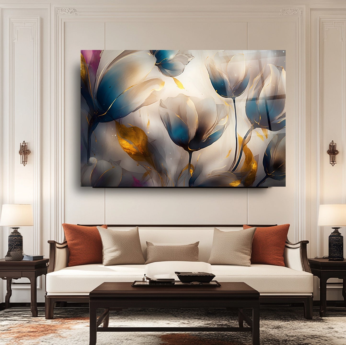 Gold Detaylı Renkli Çiçekler Cam Tablo