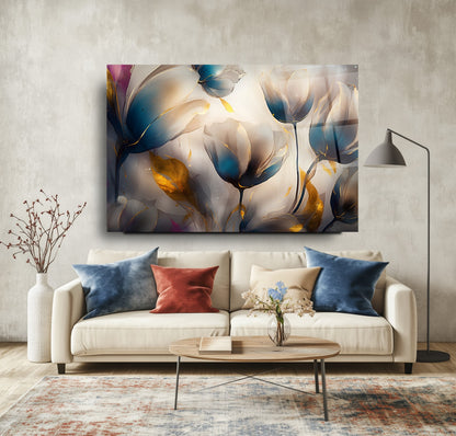 Gold Detaylı Renkli Çiçekler Cam Tablo