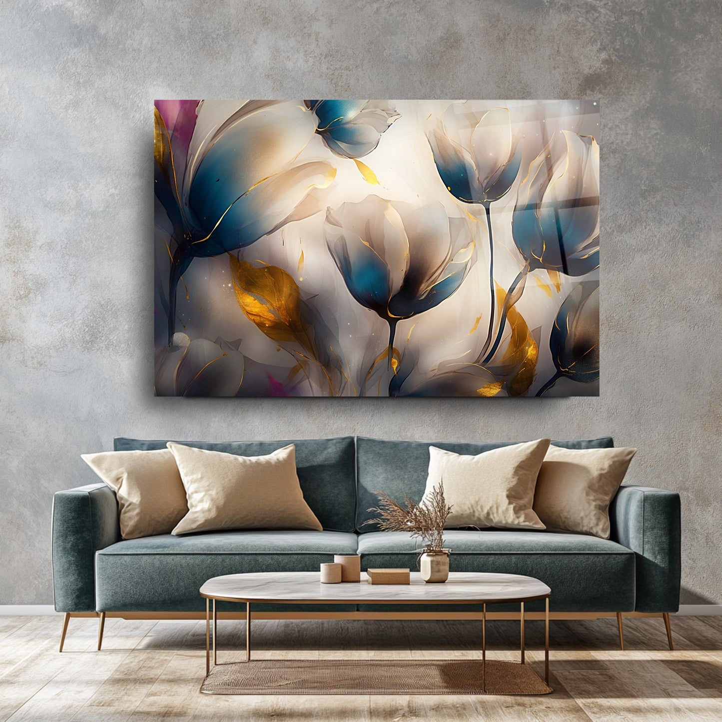 Gold Detaylı Renkli Çiçekler Cam Tablo