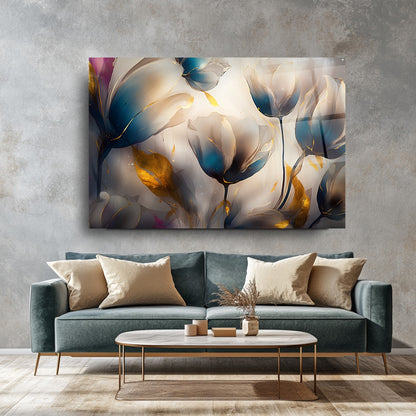 Gold Detaylı Renkli Çiçekler Cam Tablo