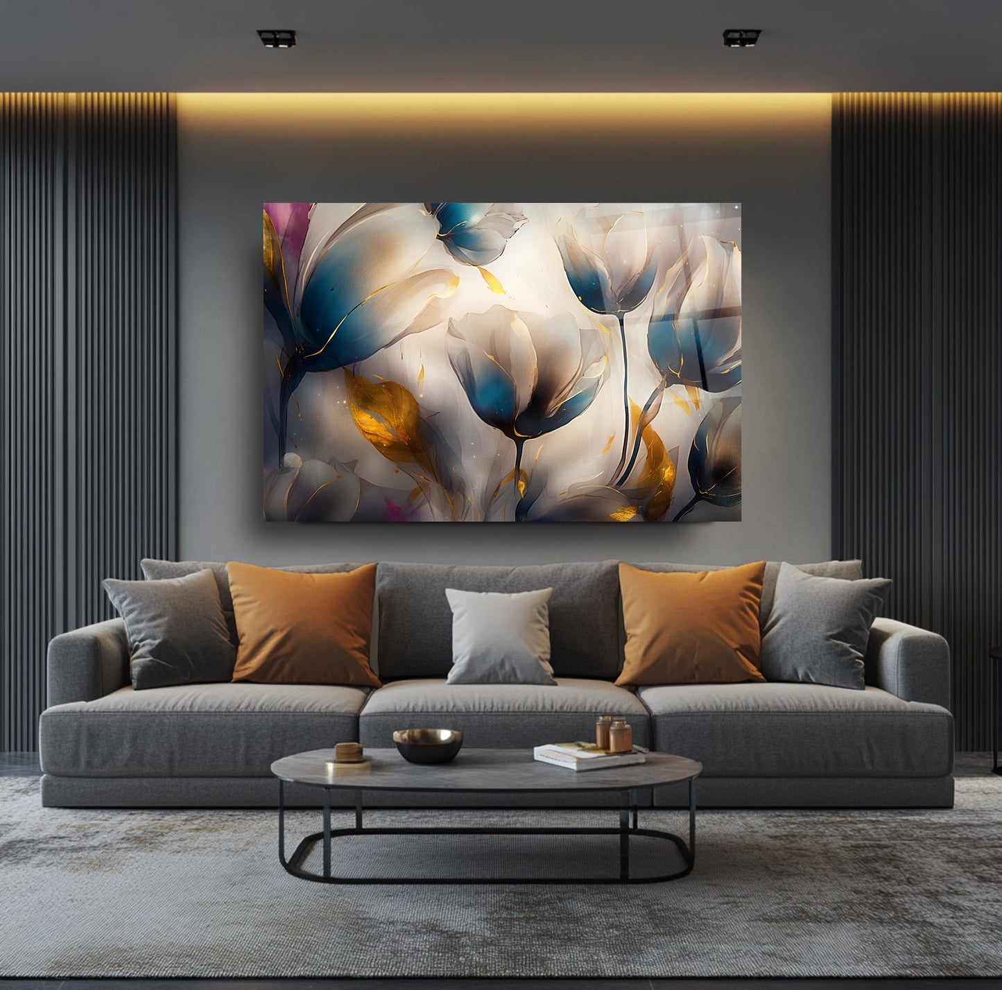 Gold Detaylı Renkli Çiçekler Cam Tablo