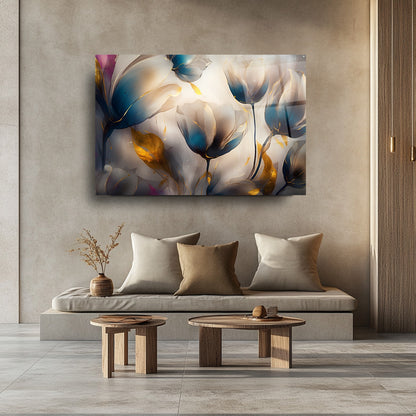 Gold Detaylı Renkli Çiçekler Cam Tablo