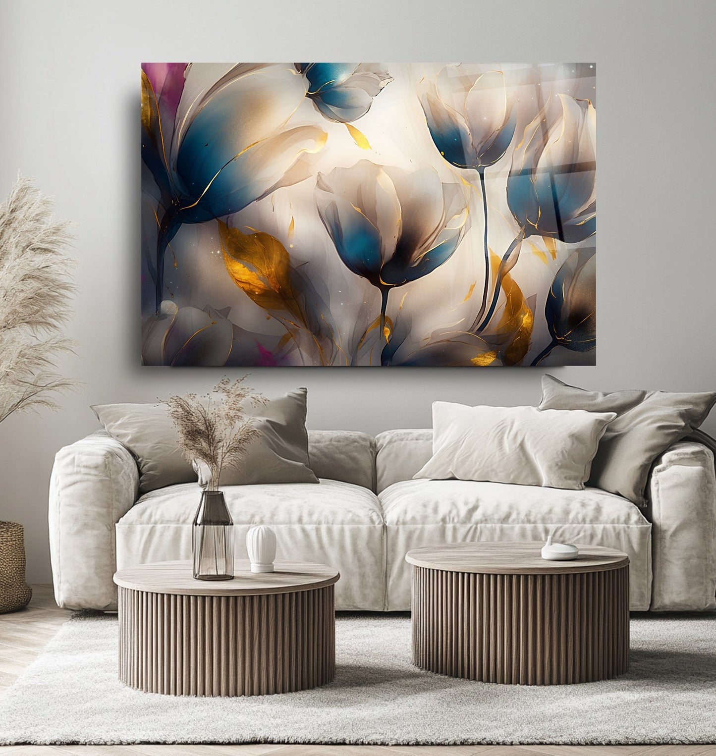 Gold Detaylı Renkli Çiçekler Cam Tablo