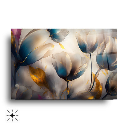 Gold Detaylı Renkli Çiçekler Cam Tablo