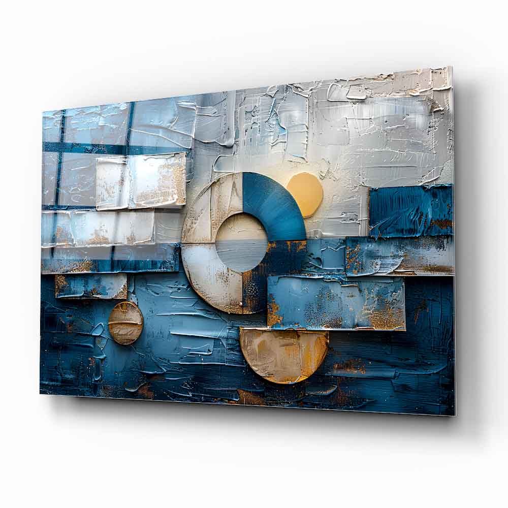 Geometrik Mavi Soyut Cam Tablo