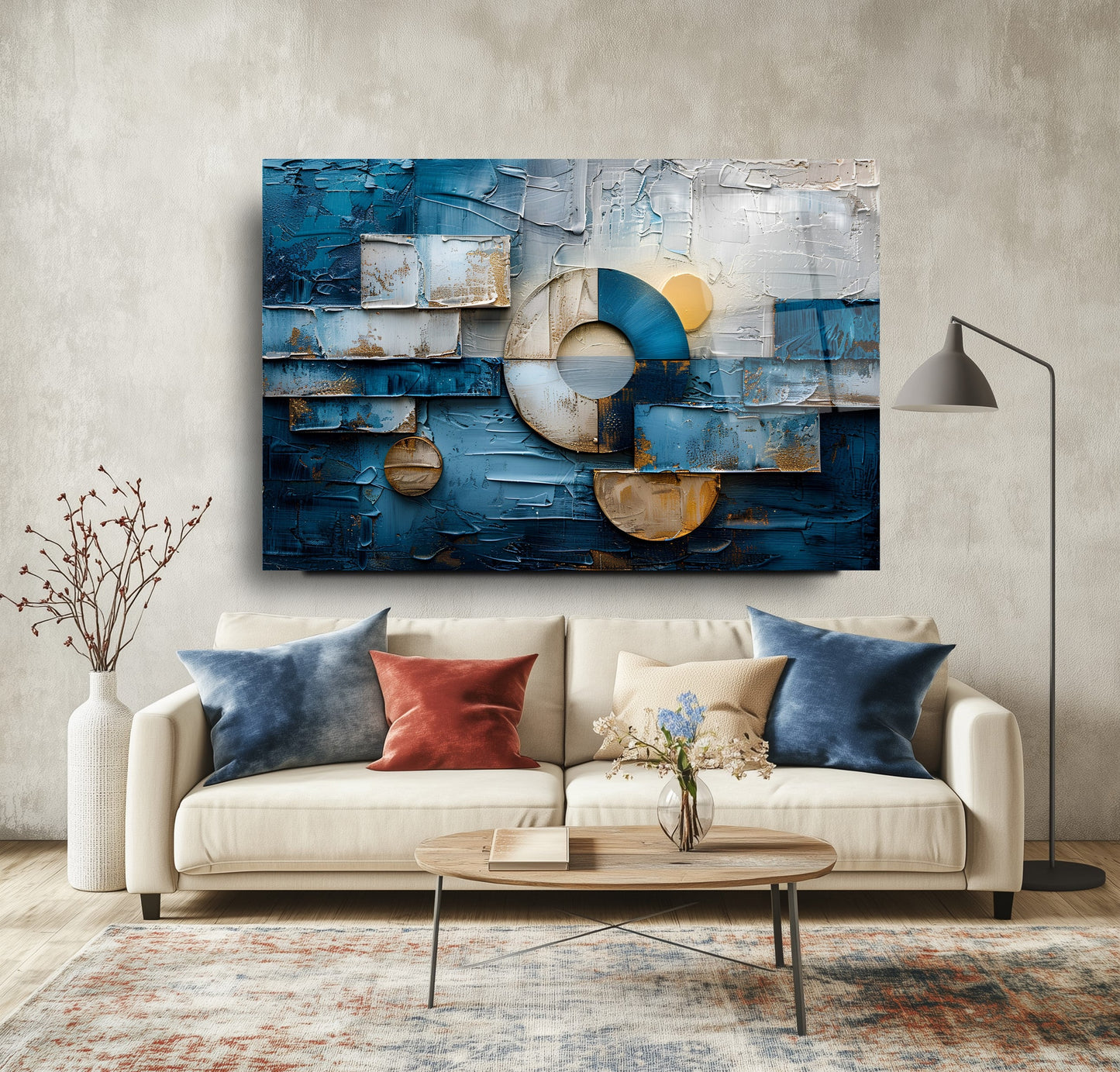 Geometrik Mavi Soyut Cam Tablo