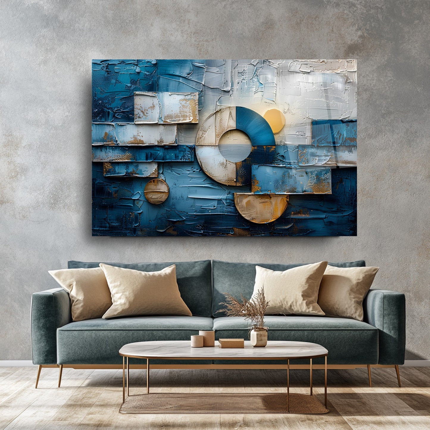 Geometrik Mavi Soyut Cam Tablo