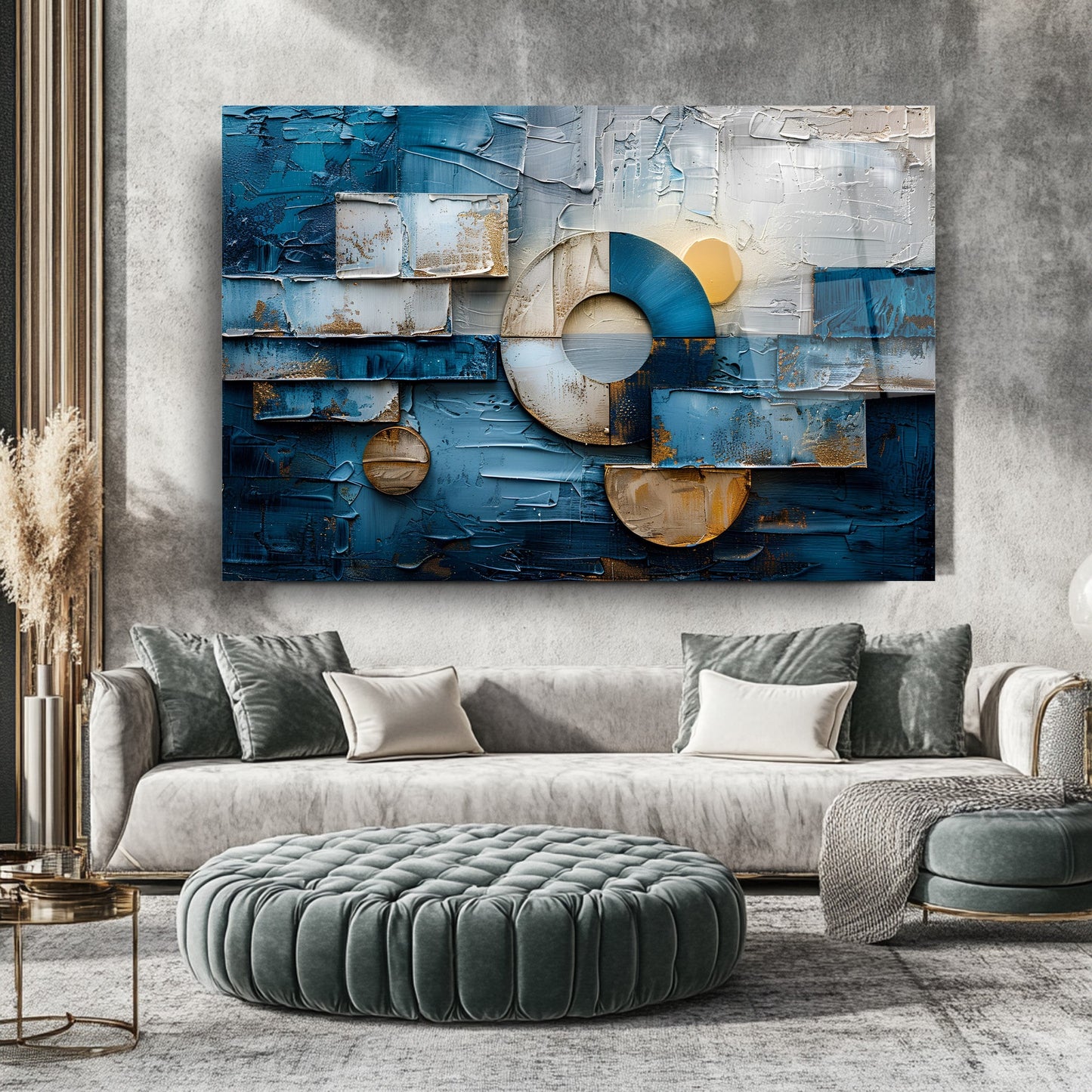 Geometrik Mavi Soyut Cam Tablo