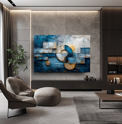 Geometrik Mavi Soyut Cam Tablo