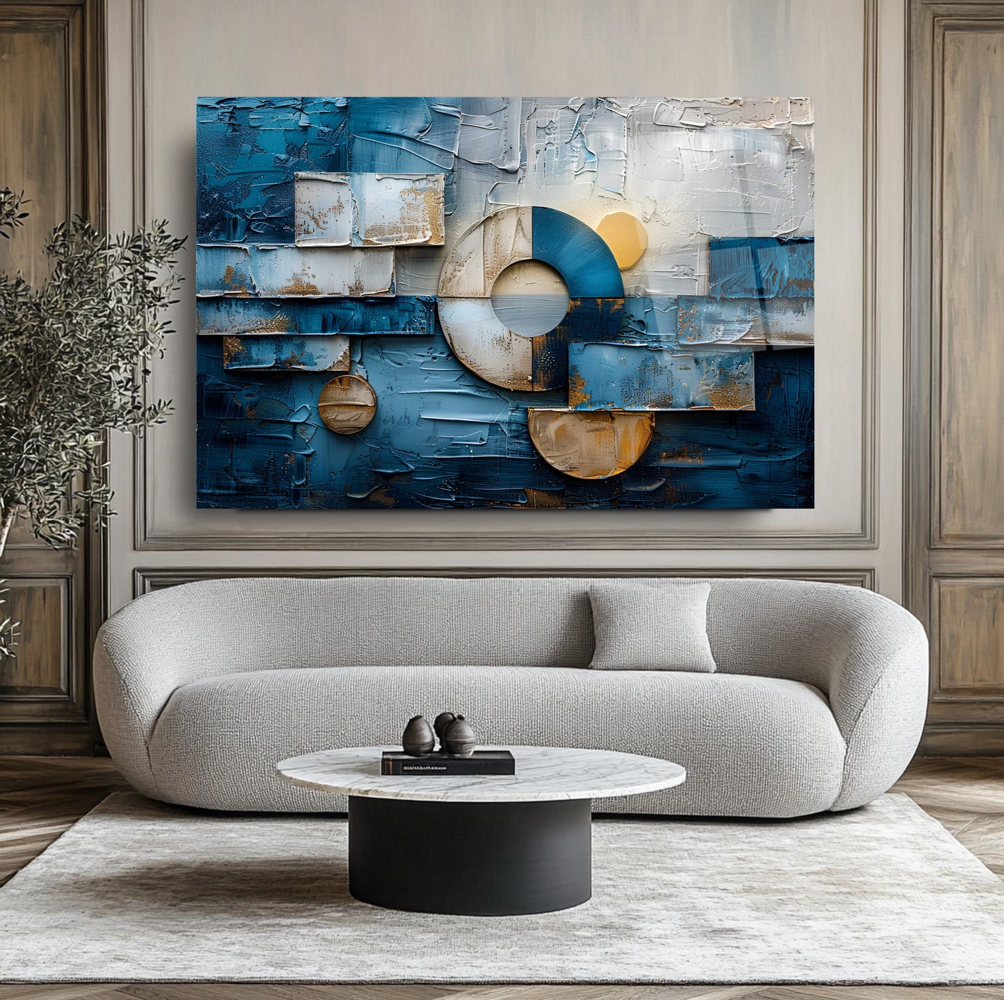 Geometrik Mavi Soyut Cam Tablo