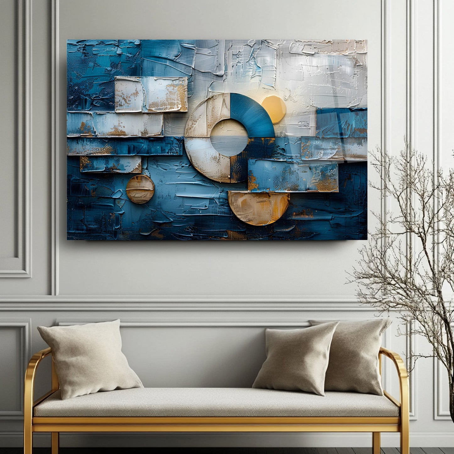 Geometrik Mavi Soyut Cam Tablo