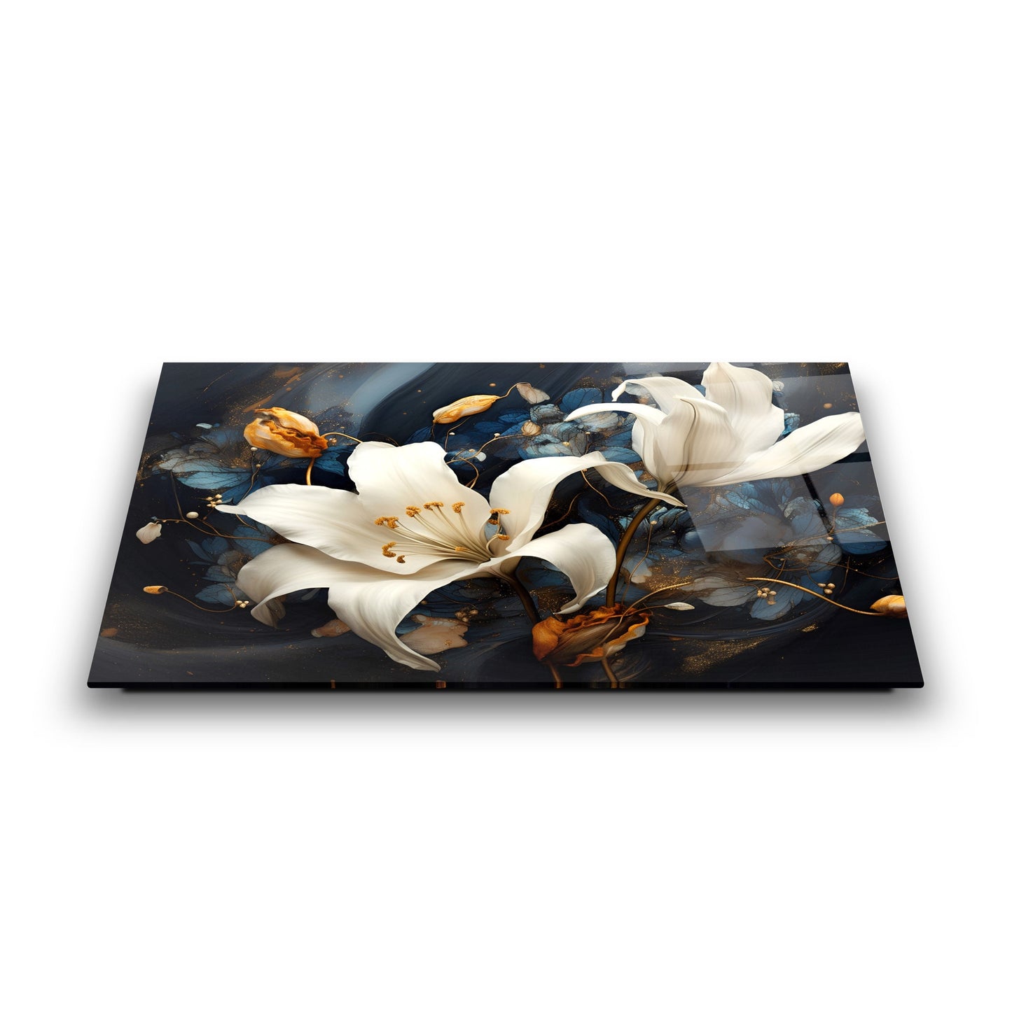 Beyaz Turuncu Çiçekler Cam Tablo