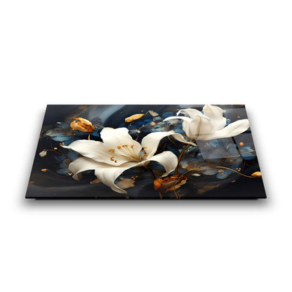 Beyaz Turuncu Çiçekler Cam Tablo