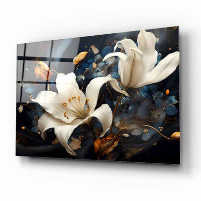 Beyaz Turuncu Çiçekler Cam Tablo