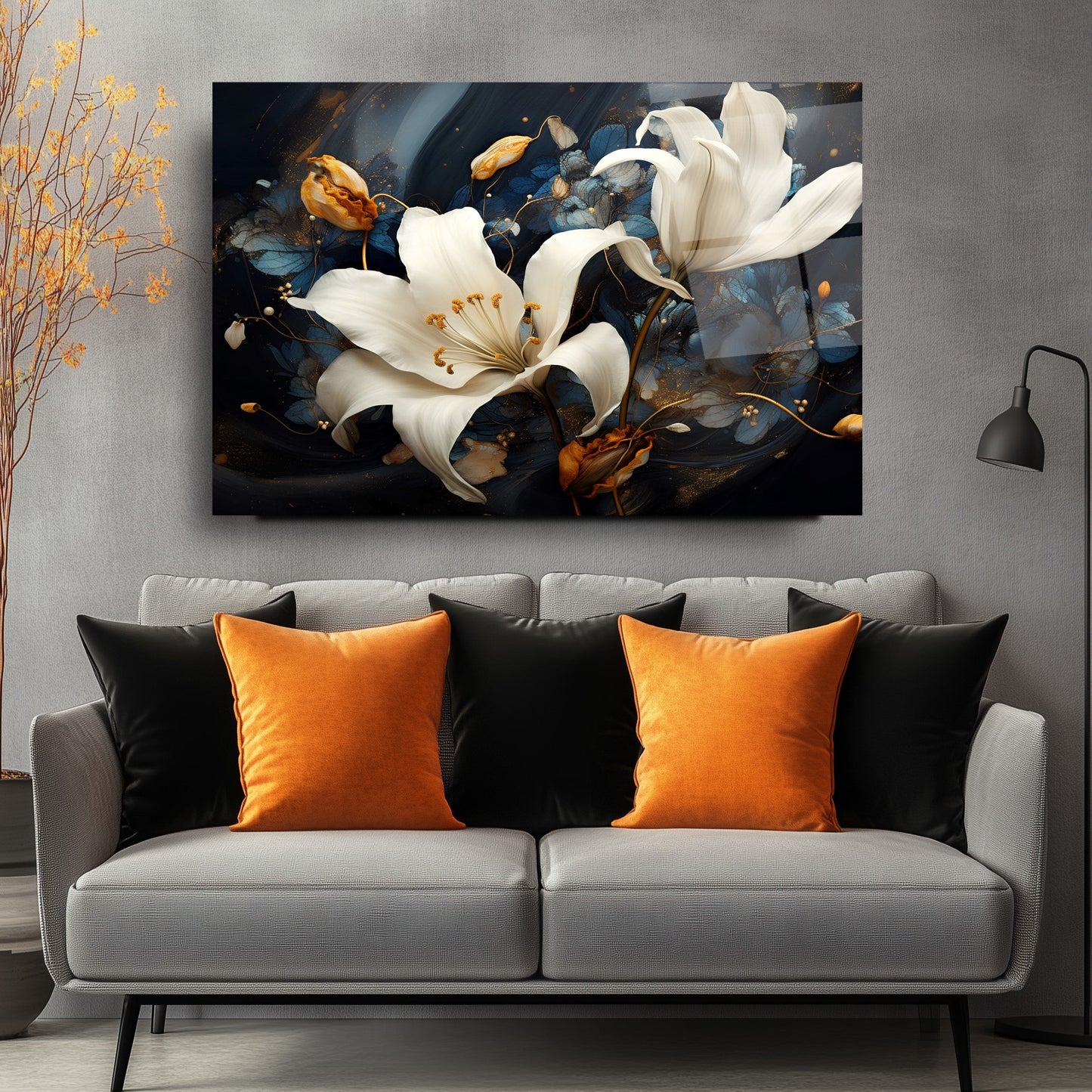 Beyaz Turuncu Çiçekler Cam Tablo