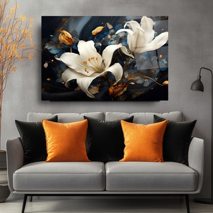 Beyaz Turuncu Çiçekler Cam Tablo