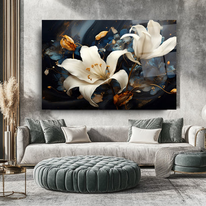 Beyaz Turuncu Çiçekler Cam Tablo