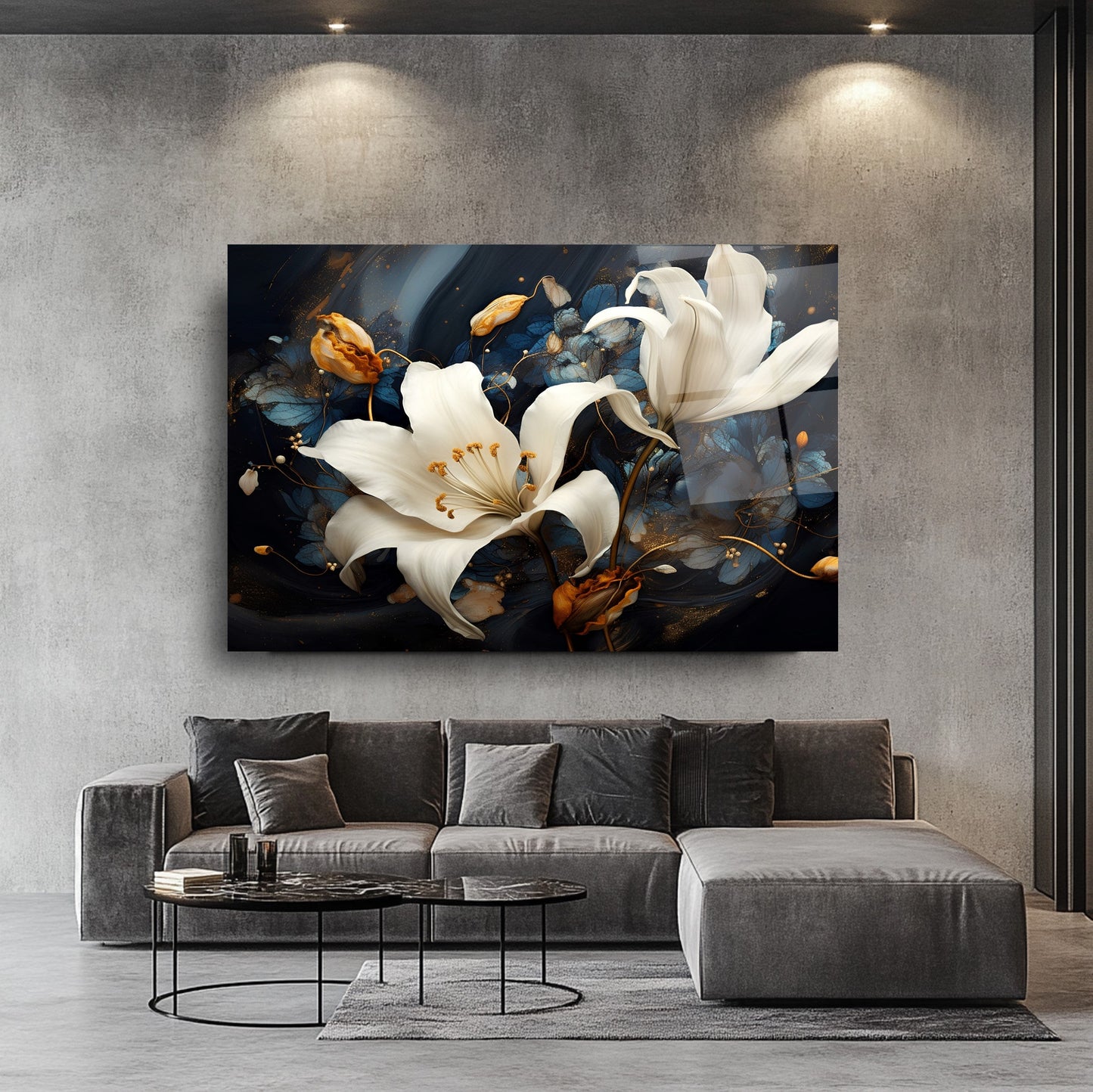 Beyaz Turuncu Çiçekler Cam Tablo