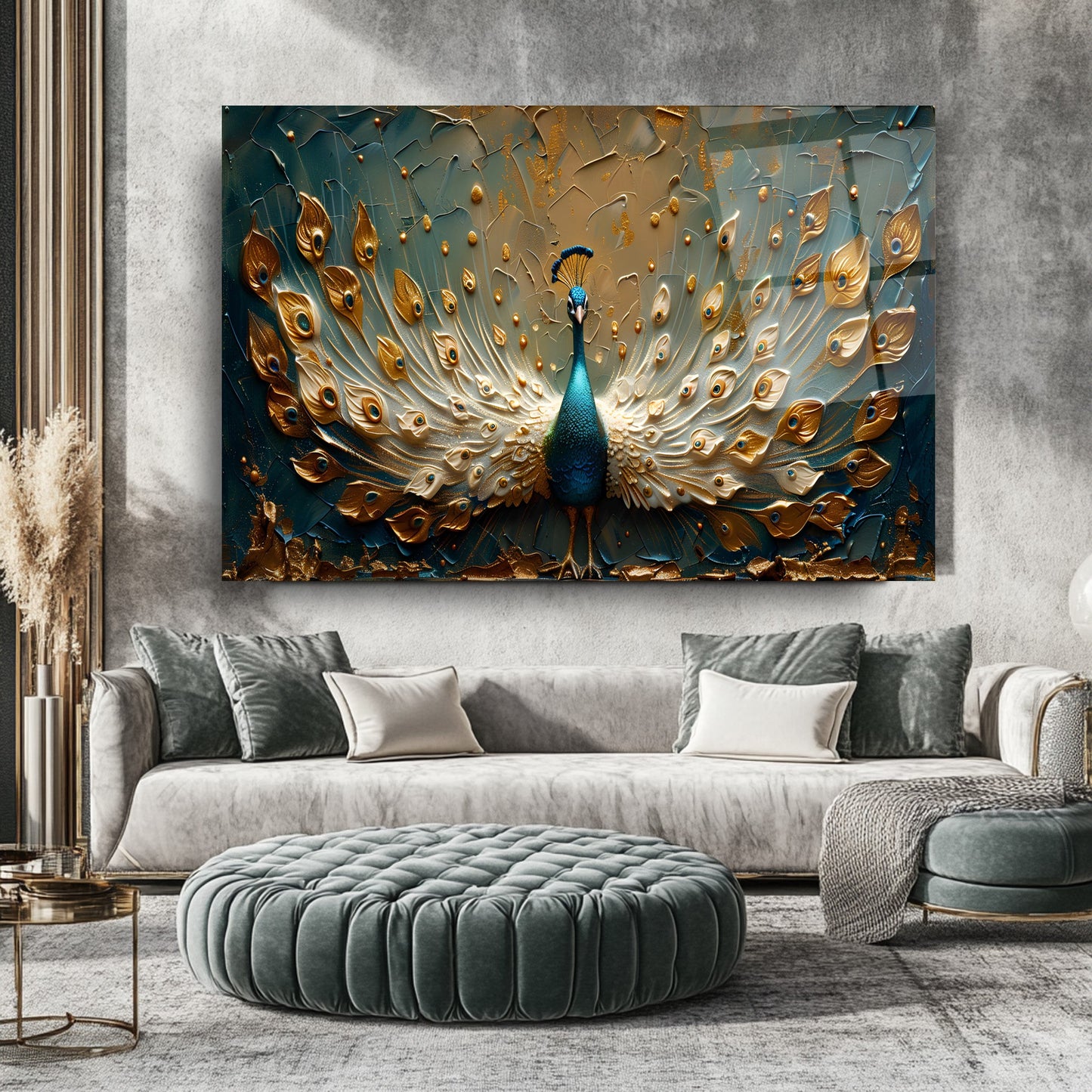 Gold Yeşil Tavus Kuşu Cam Tablo