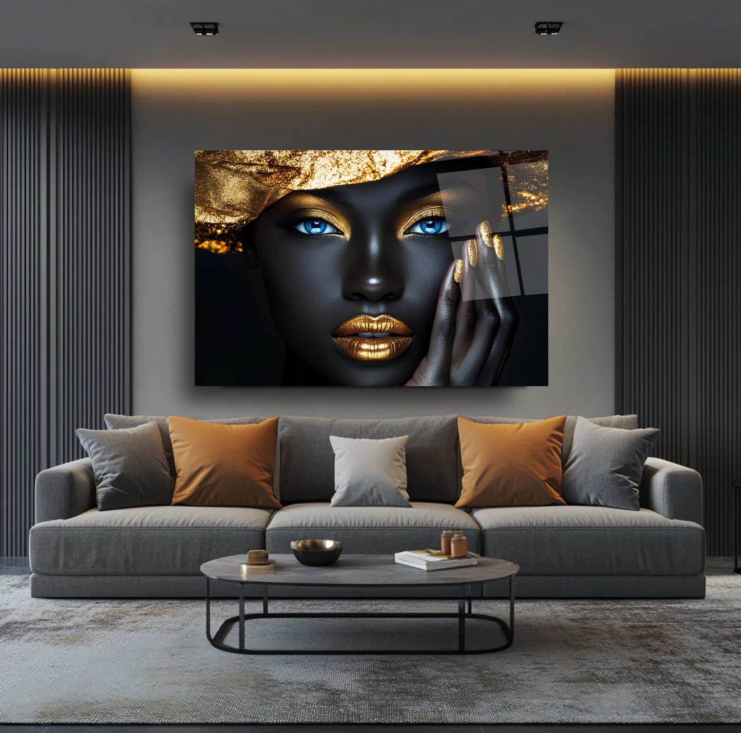 Gold Detay Afrikalı Kadın Cam Tablo