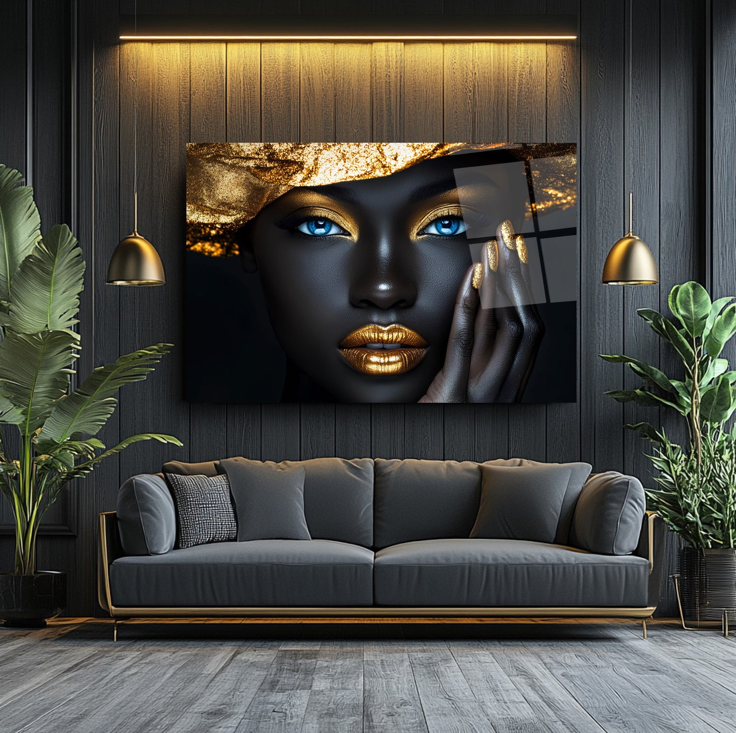 Gold Detay Afrikalı Kadın Cam Tablo