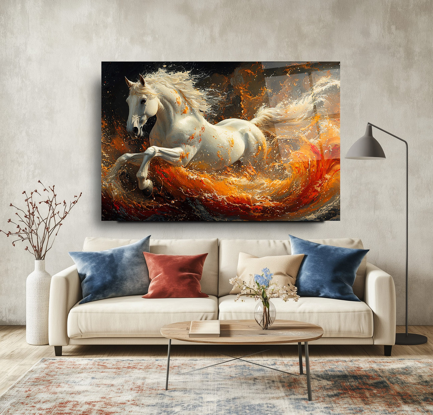 Turuncu Detay Beyaz At Cam Tablo