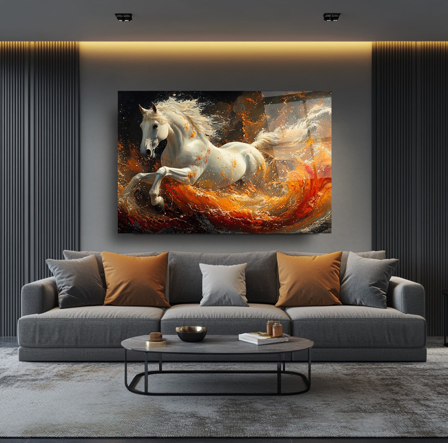 Turuncu Detay Beyaz At Cam Tablo