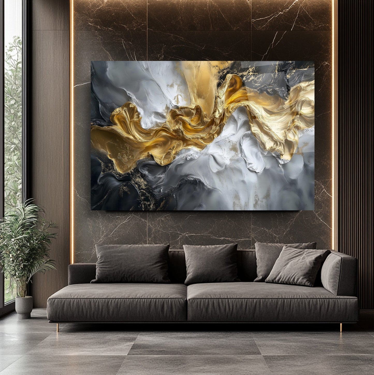 Gri Gold Mermer Desen Cam Tablo