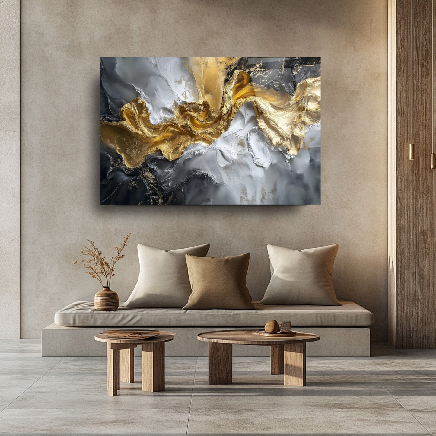 Gri Gold Mermer Desen Cam Tablo