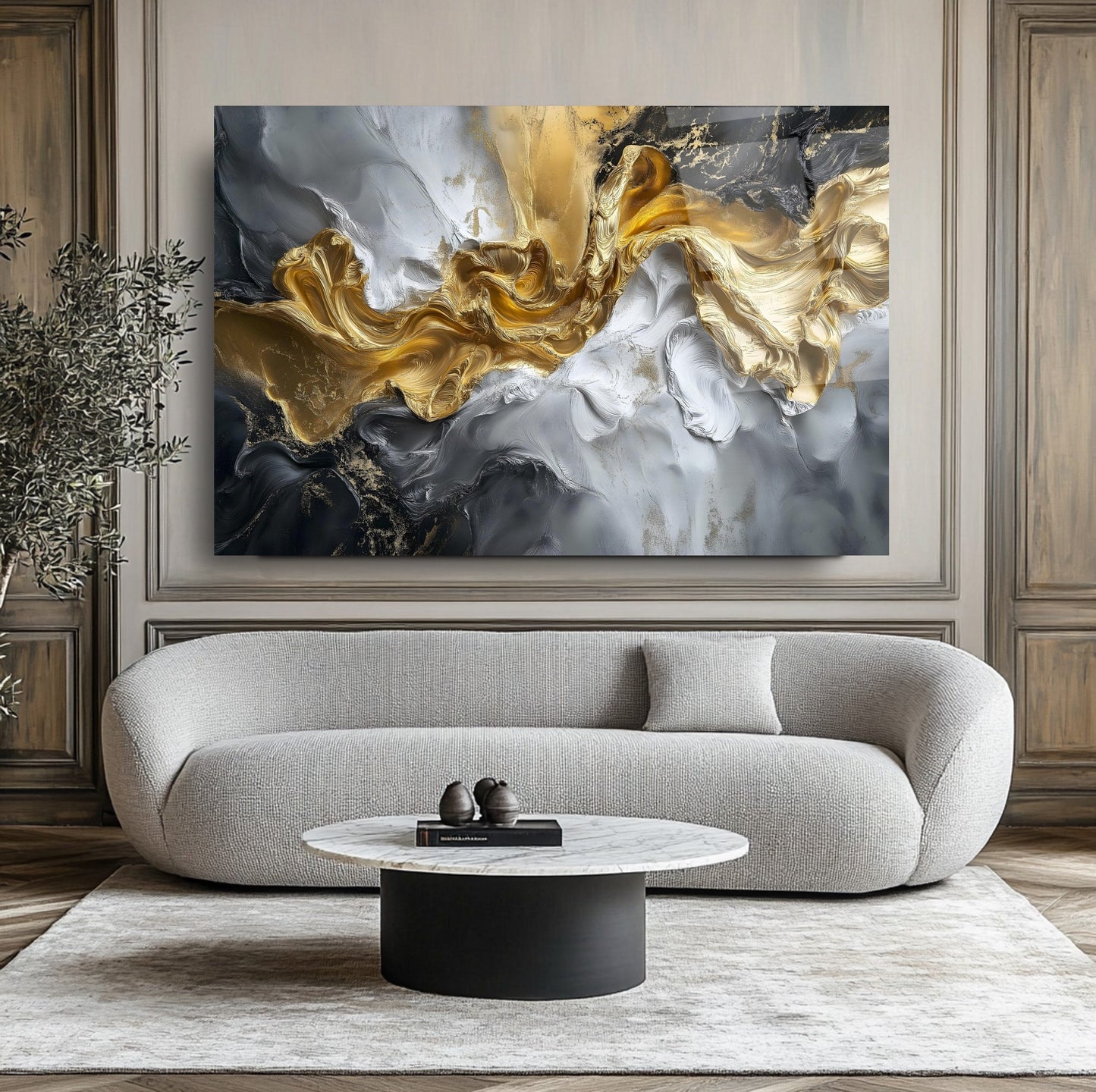 Gri Gold Mermer Desen Cam Tablo