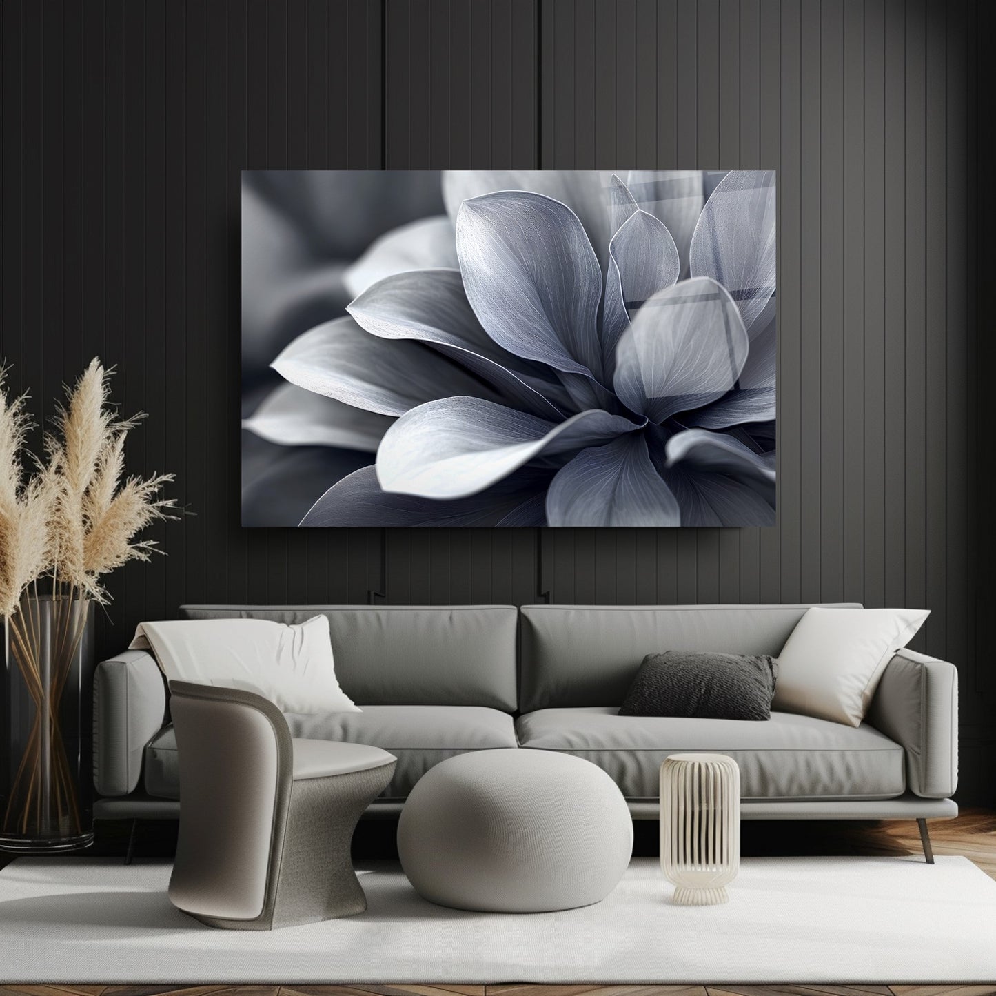 Gri Yapraklar Cam Tablo