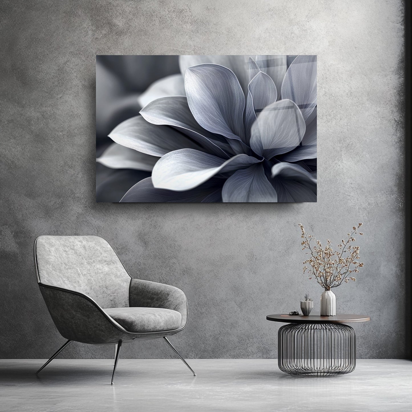 Gri Yapraklar Cam Tablo