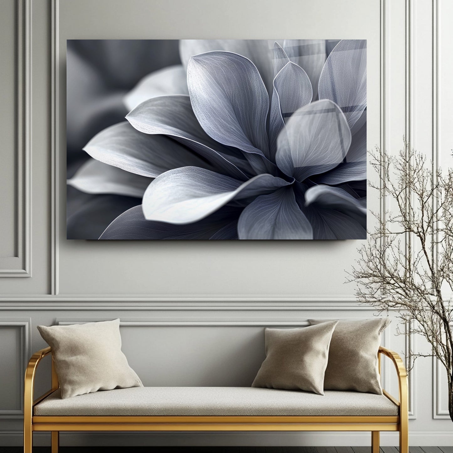 Gri Yapraklar Cam Tablo