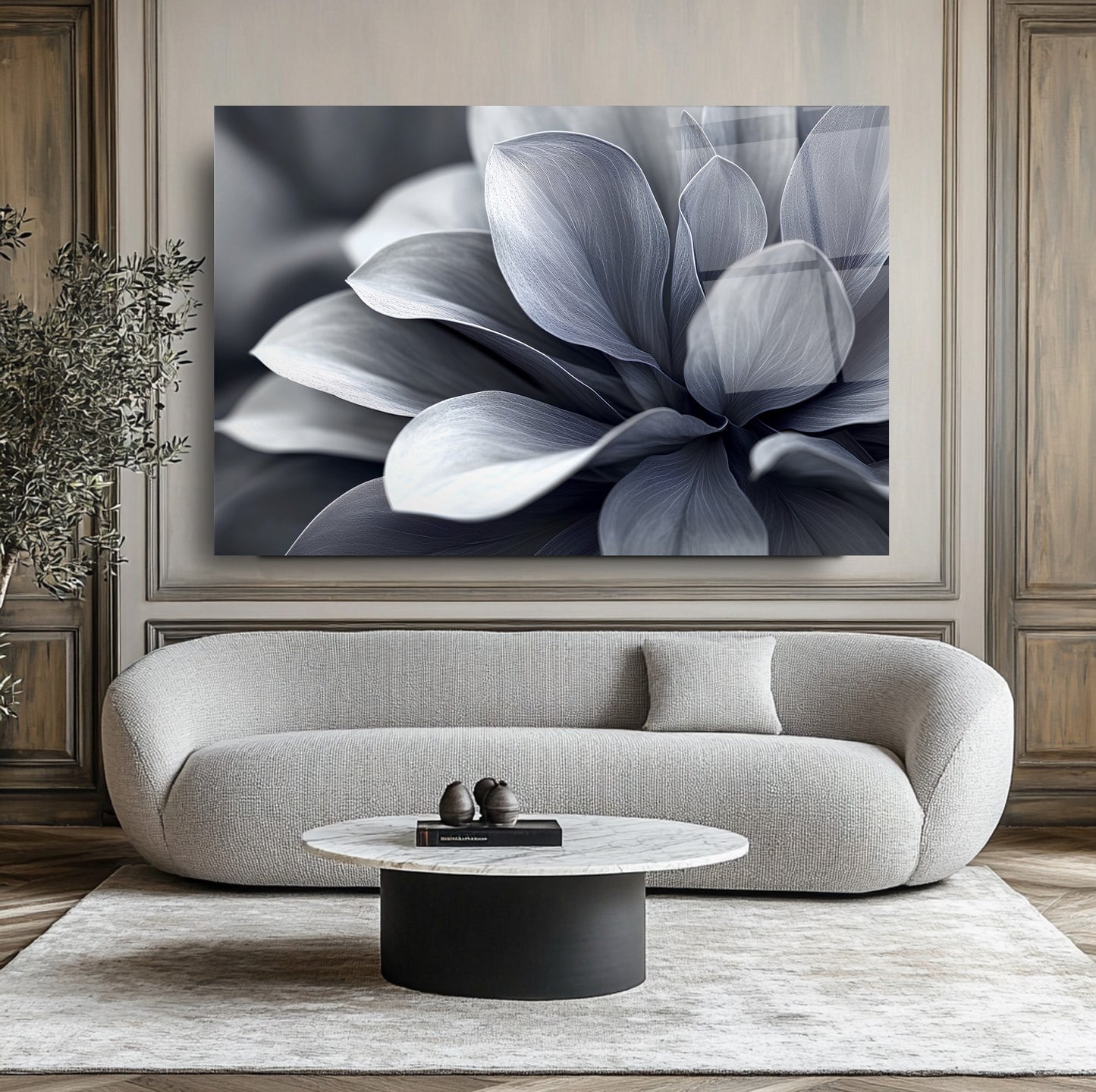 Gri Yapraklar Cam Tablo