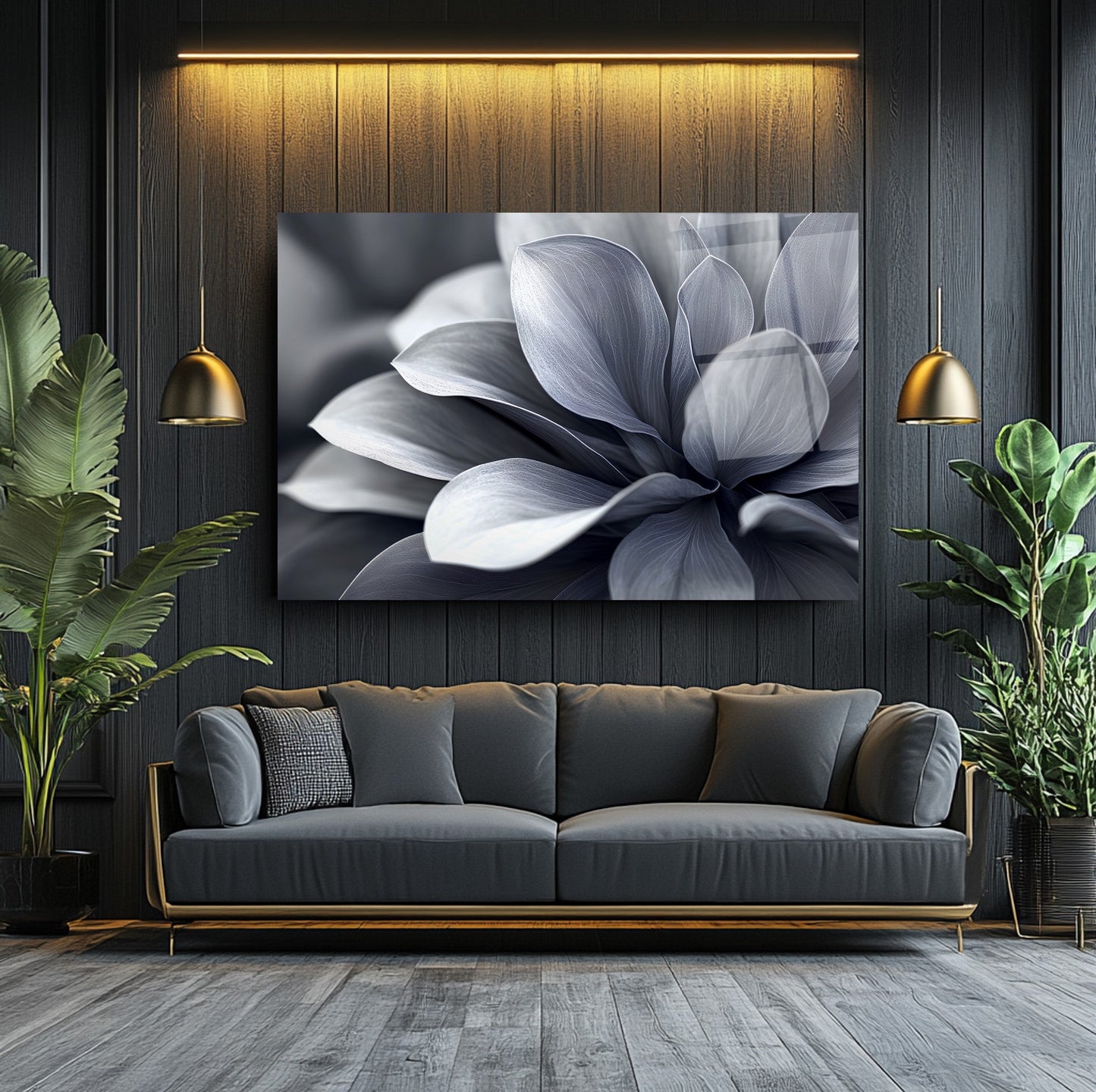 Gri Yapraklar Cam Tablo