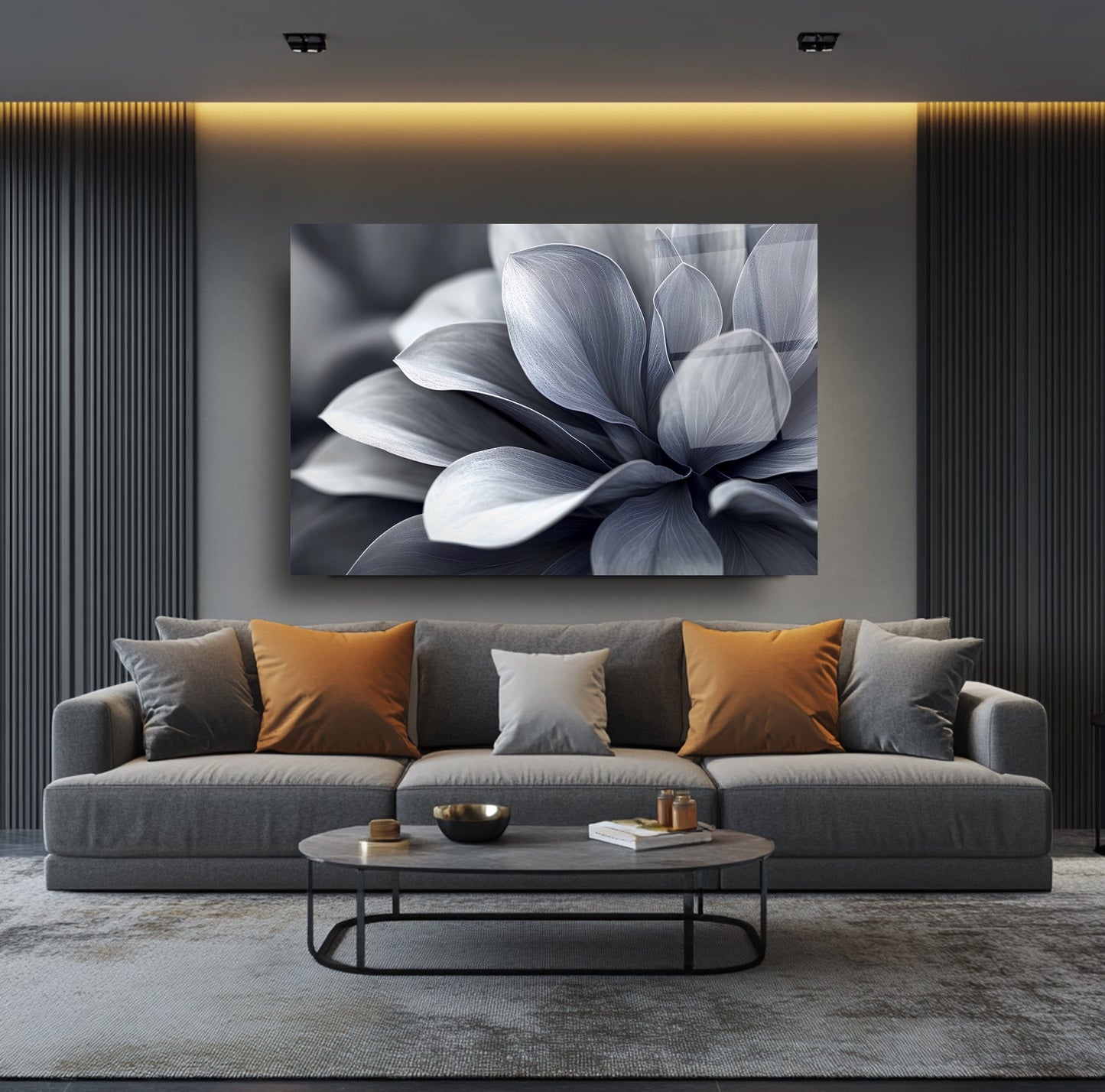 Gri Yapraklar Cam Tablo