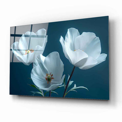 Beyaz Çiçekler Cam Tablo
