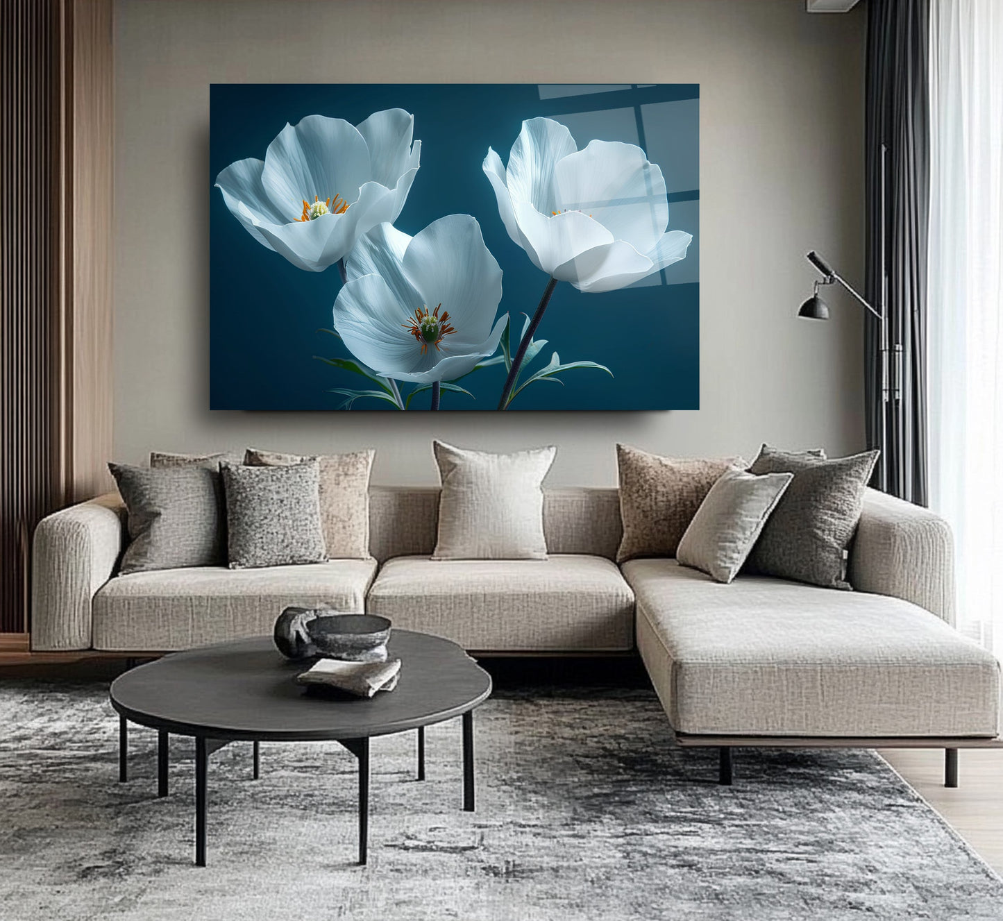 Beyaz Çiçekler Cam Tablo