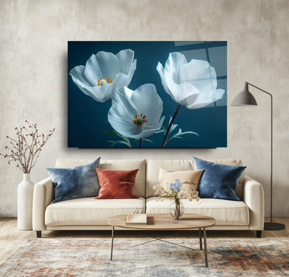 Beyaz Çiçekler Cam Tablo