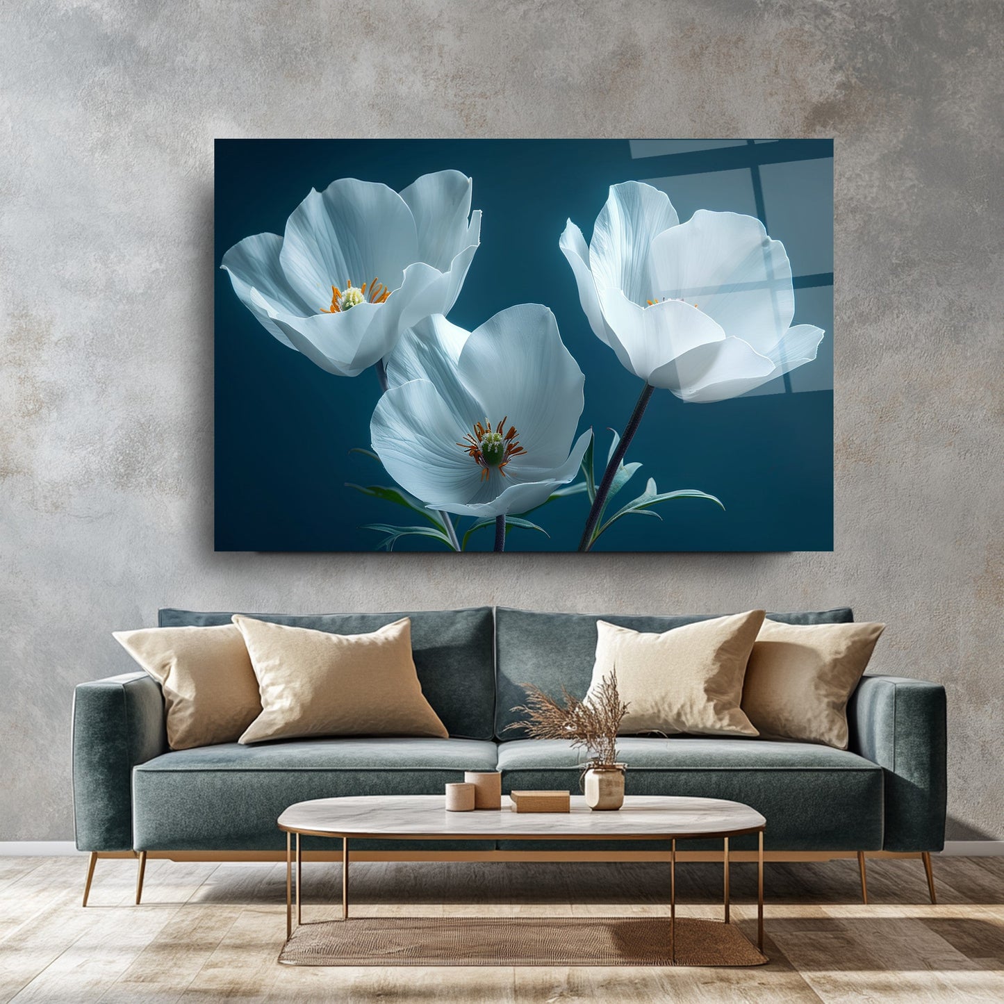 Beyaz Çiçekler Cam Tablo