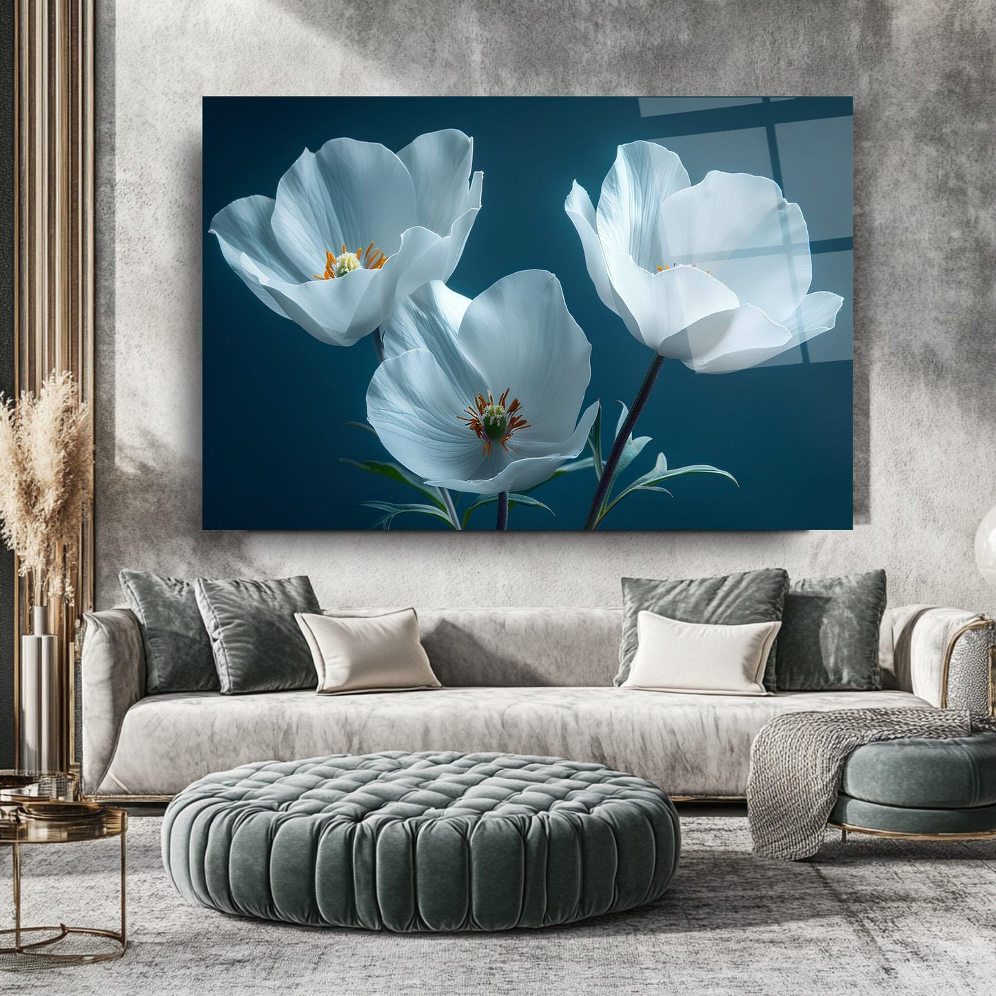 Beyaz Çiçekler Cam Tablo