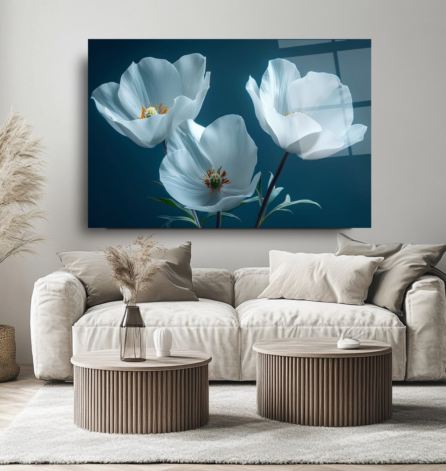 Beyaz Çiçekler Cam Tablo