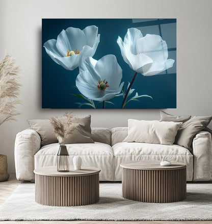 Beyaz Çiçekler Cam Tablo