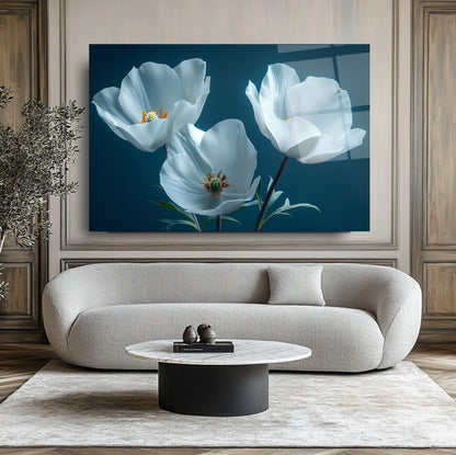 Beyaz Çiçekler Cam Tablo