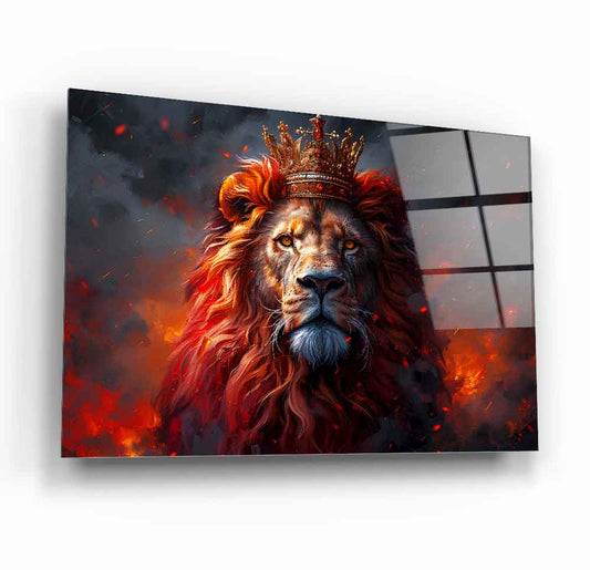 Taçlı Kızıl Aslan Cam Tablo