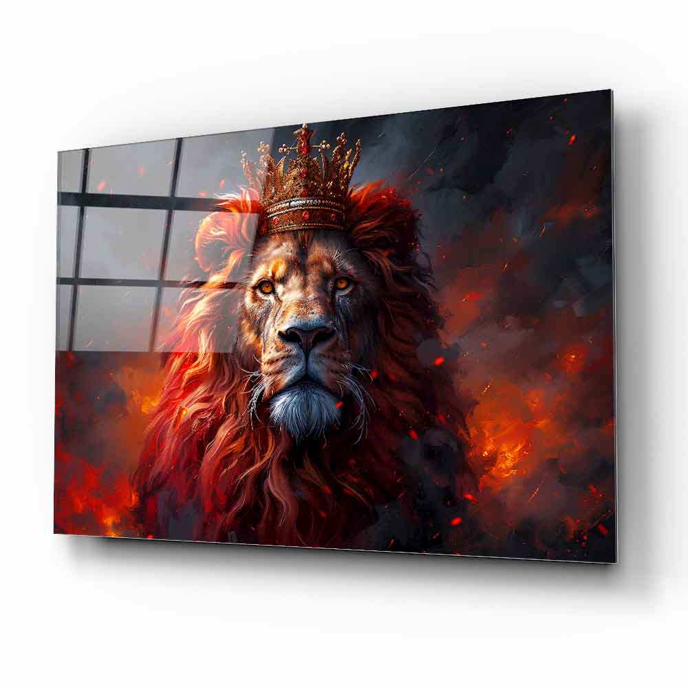 Taçlı Kızıl Aslan Cam Tablo