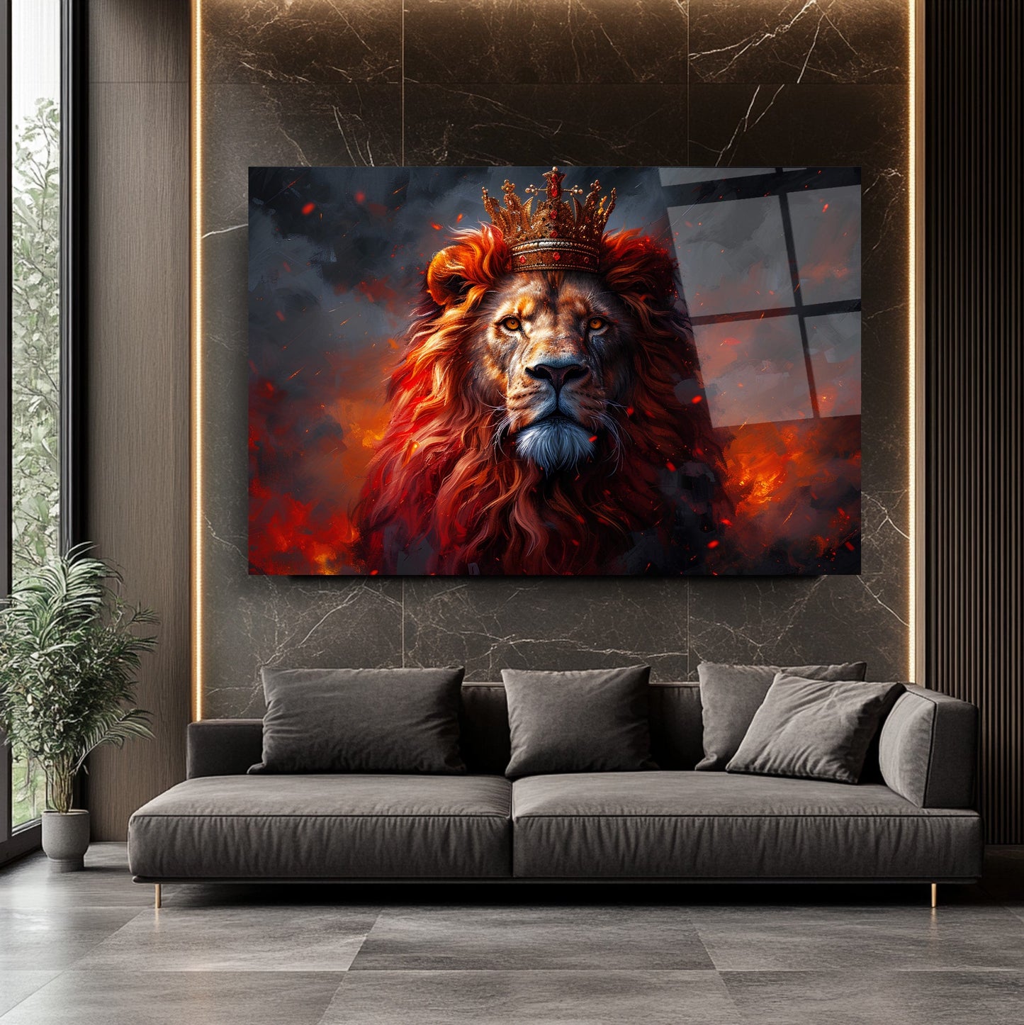 Taçlı Kızıl Aslan Cam Tablo