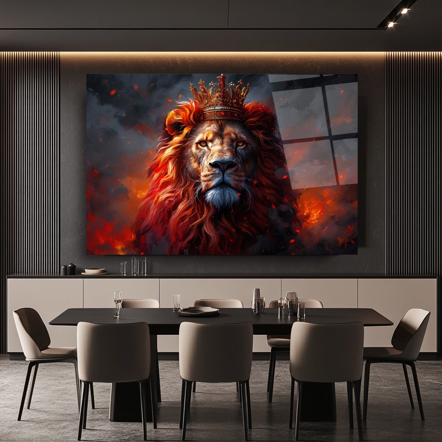 Taçlı Kızıl Aslan Cam Tablo