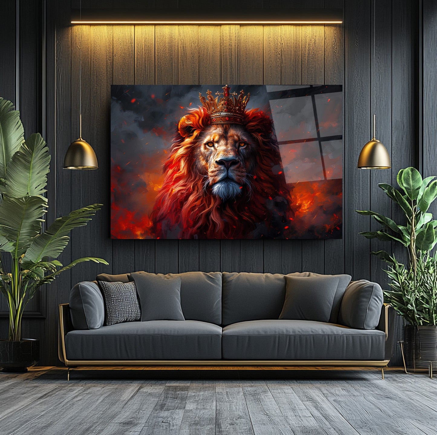 Taçlı Kızıl Aslan Cam Tablo