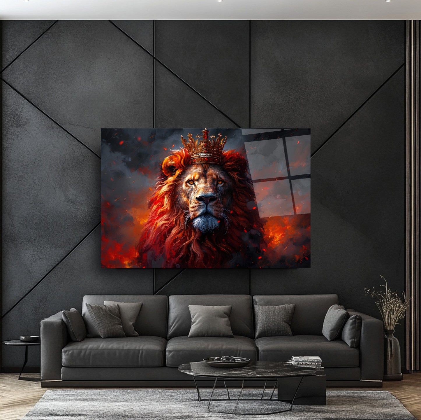 Taçlı Kızıl Aslan Cam Tablo